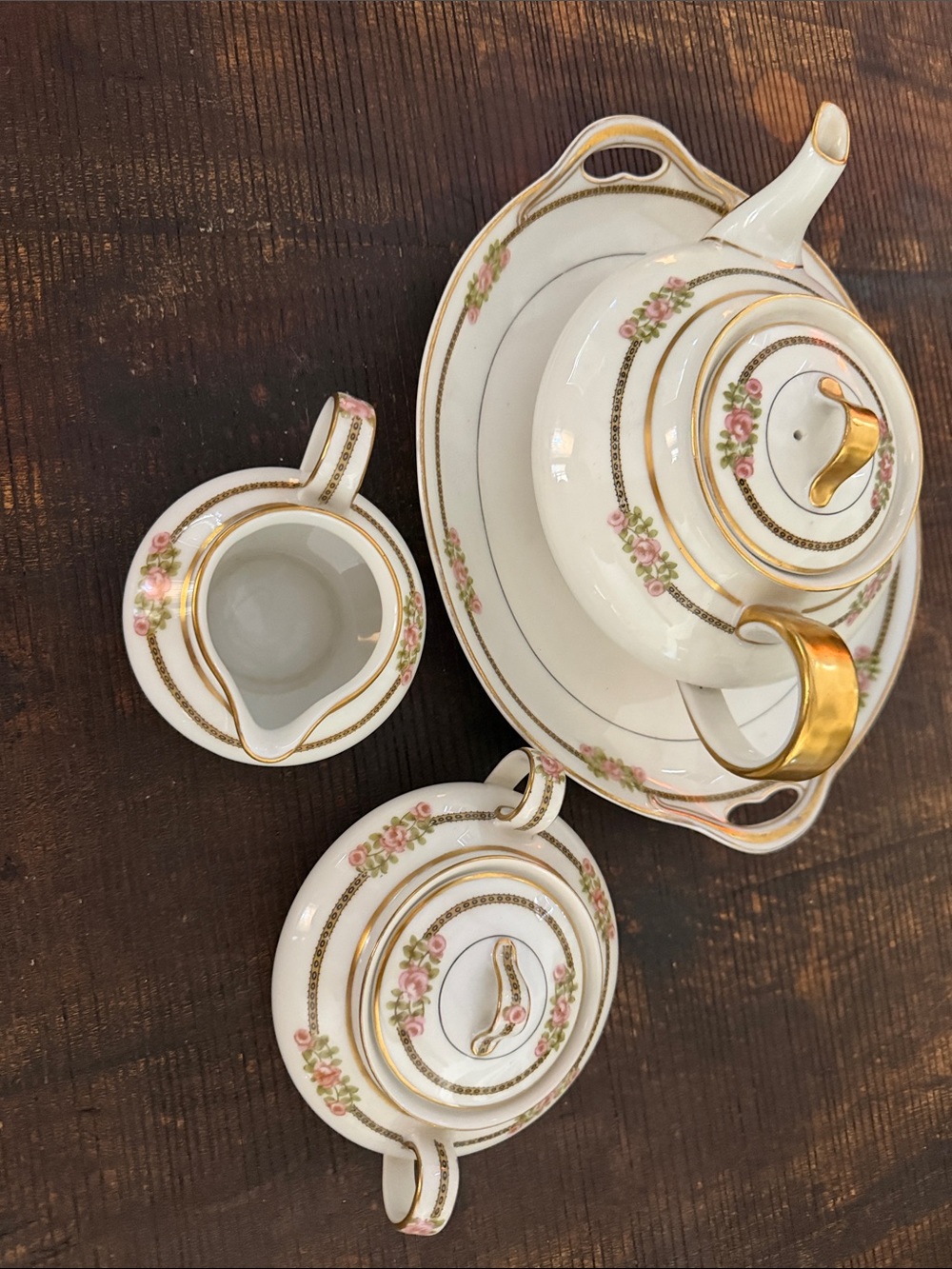 White Porcelain Tea Set with Pink Floral and Gold Trim
